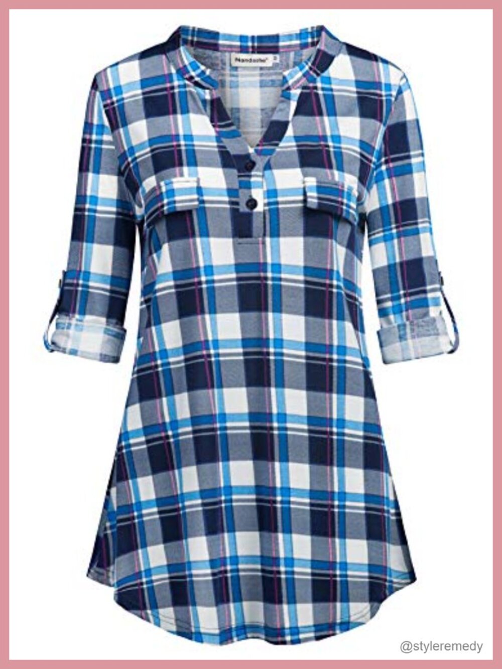 Womens 3/4 Roll Sleeve V Neck Button Down Tunic Blouse Loose Top
